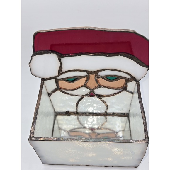 Vintage Santa Claus Stained Leaded Glass Tea Light Candle Holder Christmas Decor - Picture 3 of 11